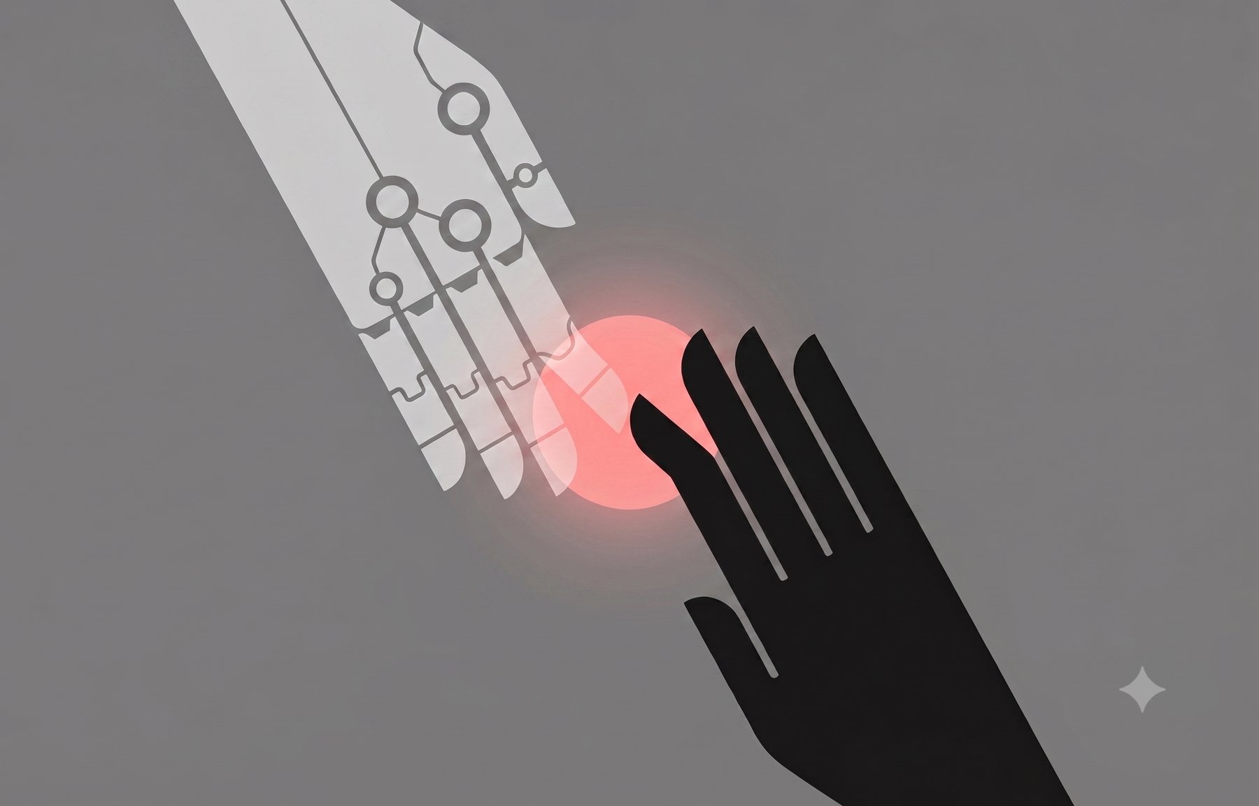 A robotic hand and a human hand reaching toward each other, echoing Michelangelo's The Creation of Adam
